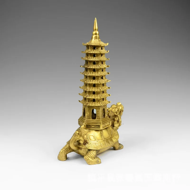 Ornament, Nine-Tiered Feng Shui Tower for Career Success, Brass Dragon Head Turtle
