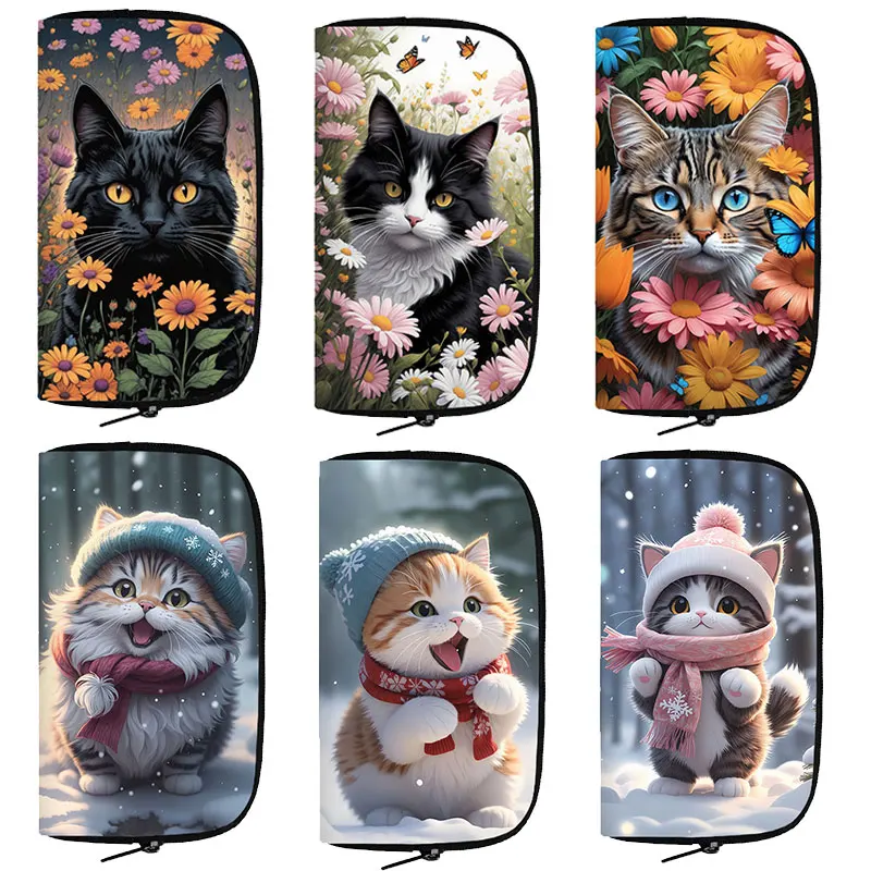 Cartoon Snow Flowers Cat Print Wallet Kawaii Black Cat Coin Money Bags Long Credit Card Holder Small Storage Bag Clutch Gift