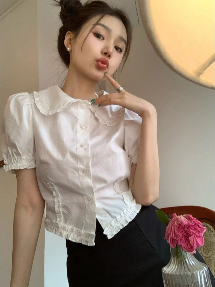 White Shirts Women Peter Pan Collar Kawaii Japanese Style Summer Crop Tops Elegant Chemise Femme Irregular Casual Short Sleeve