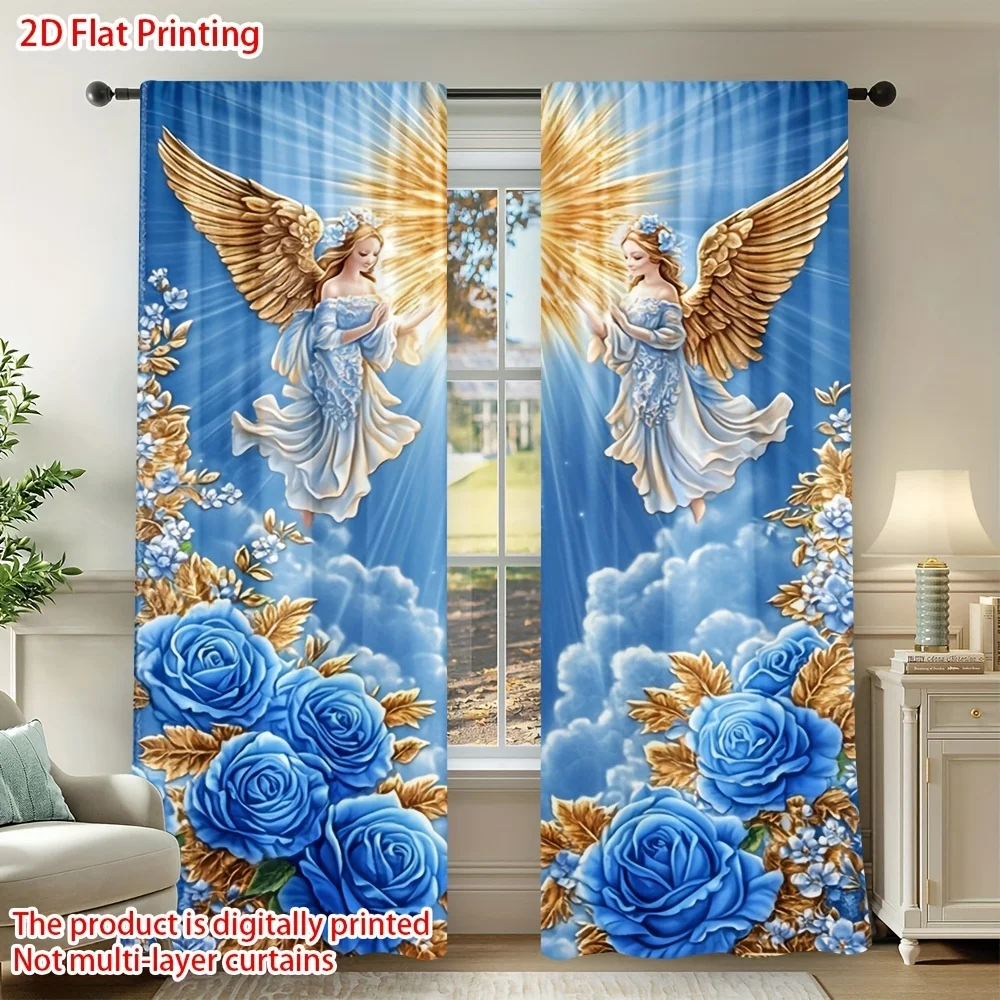 Elegant Blue Rose Angel Digital Print Curtains Window Drapes for Living Room Home Decor Floral Heavenly Goddess Style Curtains S