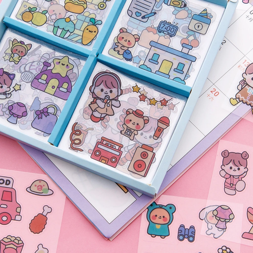 100Pcs Kawaii Stickers Handbook Cute Cartoon Pattern Stickers 8*8cm PET Waterproof Box Scrapbooking Stickers Stationery Supplies