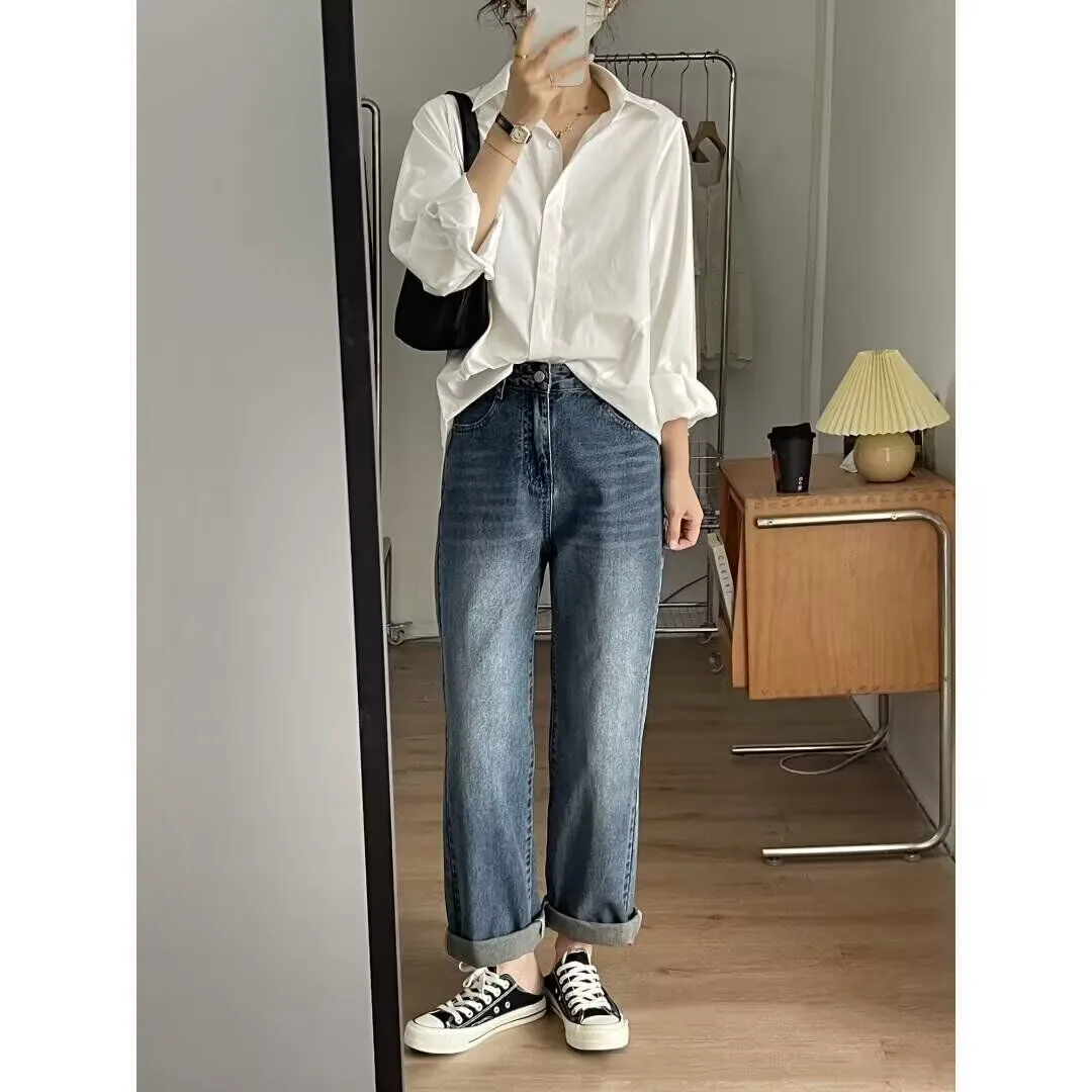 White Lapel Collar Solid Color Shirt Women 2024 Spring Loose Design Sense Niche French Unique Casual Long Sleeved Forking Tops