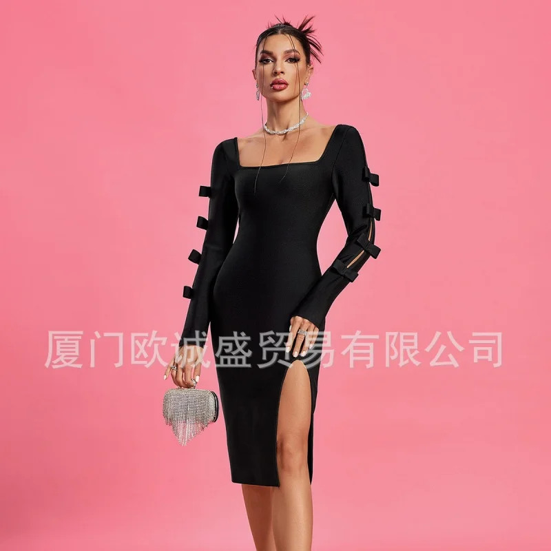 2024 New Bow Long Sleeve Hollow Square Collar Split Elegant Bandage One-Piece Dress Bandage Dress