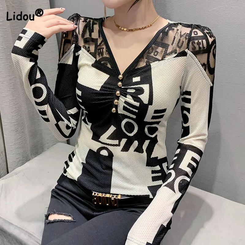 

Spring Autumn Sexy Mesh Spliced Printing Slim Tops 2023 Women's Clothing Fashion All-match Long Sleeve V-Neck Pullovers T-shirt