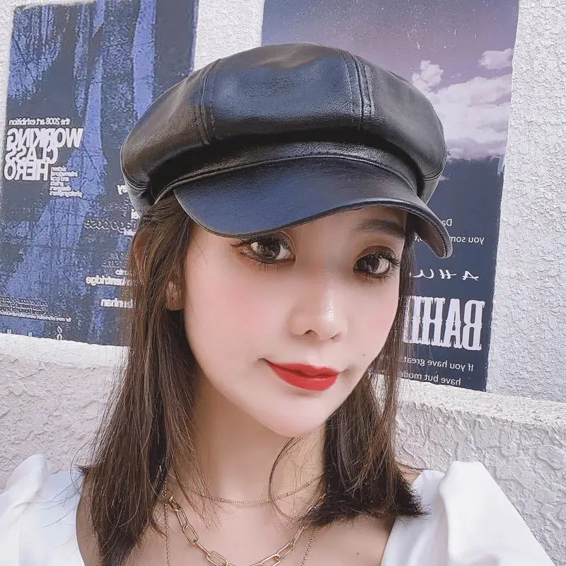 Retro beret autumn and winter PU octagonal hat Korean version fashion versatile leather hat Internet celebrity tide duck tongue