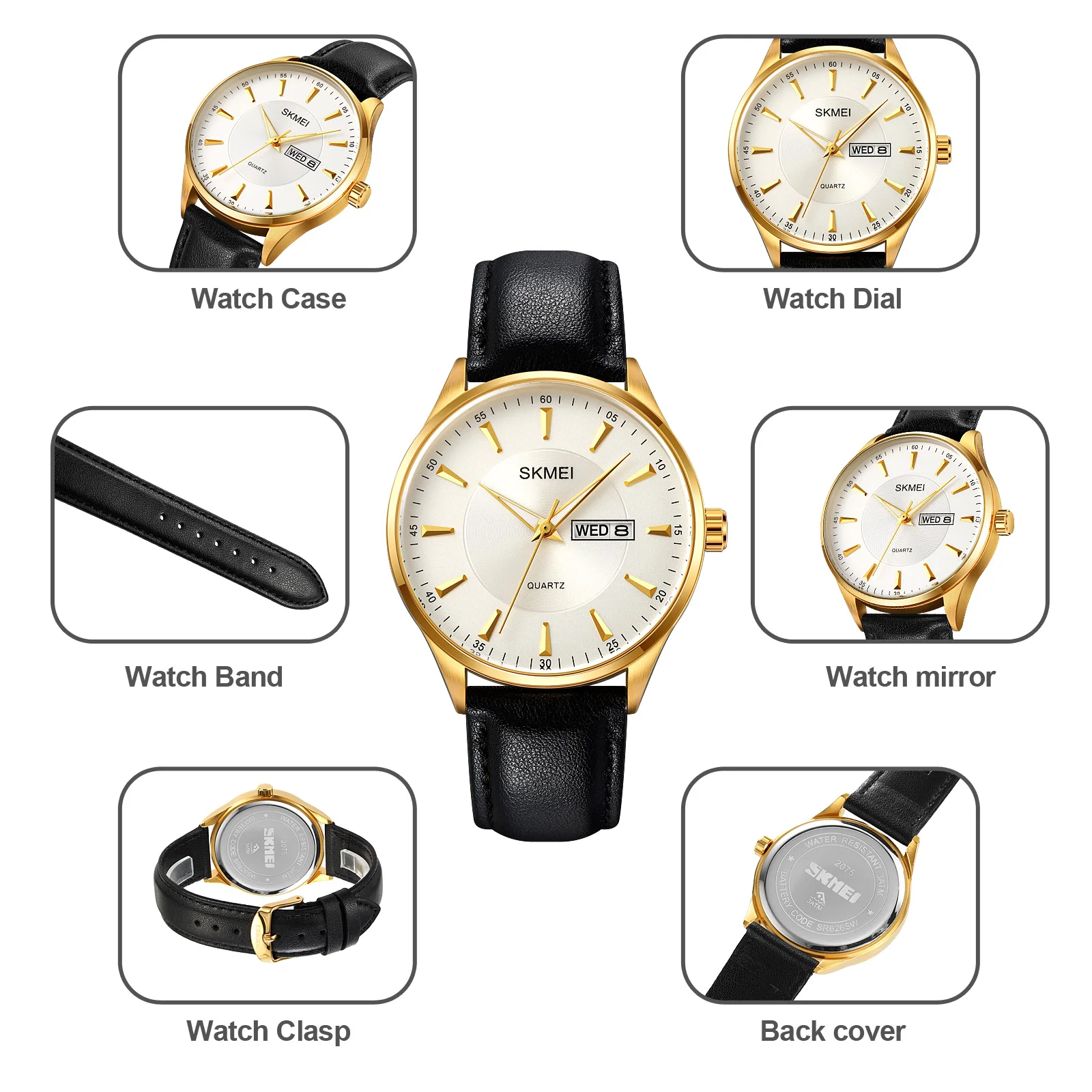 SKMEI رجال الأعمال وسيم ساعة الموضة الكلاسيكية تنوعا مقاوم للماء تاريخ يوم مكان العمل التنقل ساعة كوارتز 2075