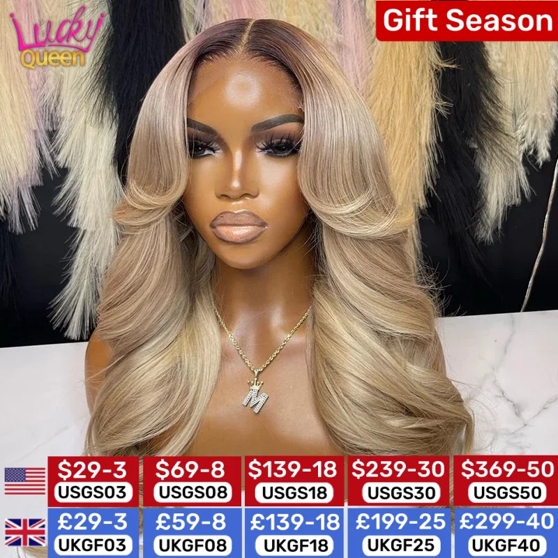 13X6 Ombre Blonde Colored Frontal Wig Human Hair for Women Transparent 13X4 Lace Front Human Hair Wig with Dark Root Pre Plucked