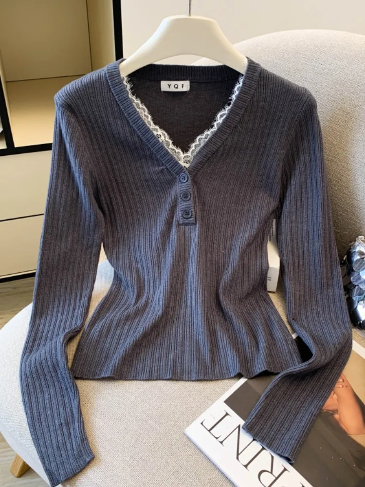 

Slim Fit Long Sve V-Ne Трикотажная основа irt Женский кружевной лоскутный топ длиной для поездок на работу Корейская версия