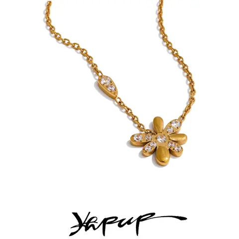 Yhpup 섬세한 스테인리스 스틸 지르코니아 꽃 목걸이, 세련된 펜던트, 패션 하이 퀄리티 골드 컬러 칼라, 목걸이 쥬얼리 선물