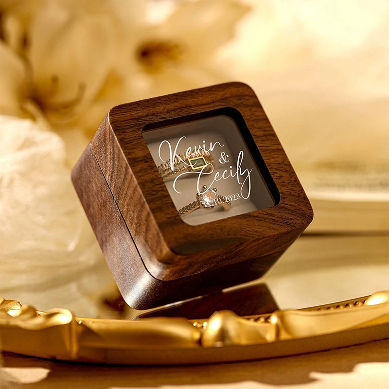 

Personalized Wooden Jewelry Box Engagement Wedding Couple Custom Double Slot Ring Storage Box Anniversary Love Gift for Her