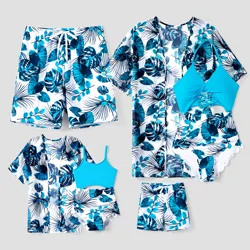 PatPat Family Matching Blue Floral Drawstring Swim Trunks or Cut Out Lace UP Back One-Piece Swimsuit with Optional Cover Up