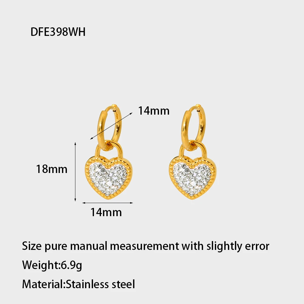 Stylish Stainless Steel 18k Gold Plated Glass Stone Paved Heart Dangle Hoop Earrings for Women Jewelry Party Gift