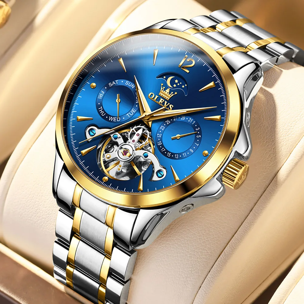 

OLEVS Original Automatic Men's Luxury Watch Mechanical Waterproof Watches Stainless Steel Moon Phase Skeleton Wristwatches Clock