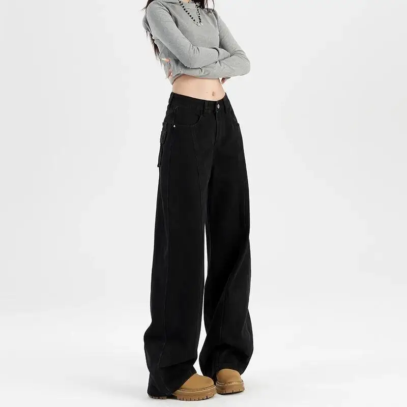 Damskie jeansy z szerokimi nogawkami, małe rozmiary, czarne, wąskie, nowe, na wiosnę, jesień i zimę, spodnie do ziemi, retro, luźne, koreańskie, proste.