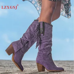 Cowboy Boots Women Shoes Knee High Boots Wedge Heel Tassels Western Ridding Brown Purple Long Boots Autumn Winter Bota Feminina