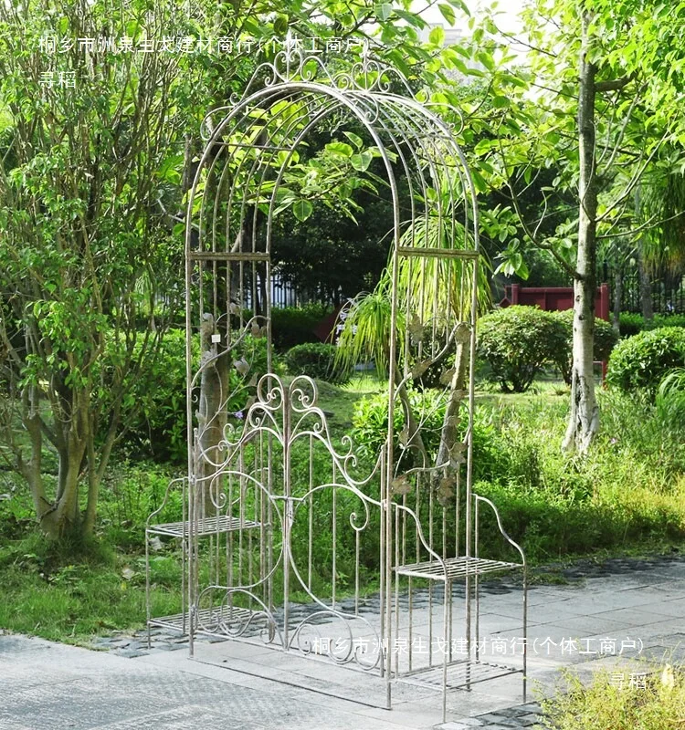 Retro old outdoor wrought iron rose climbing vine bracket arch flower stand garden with door terrace courtyard decoration