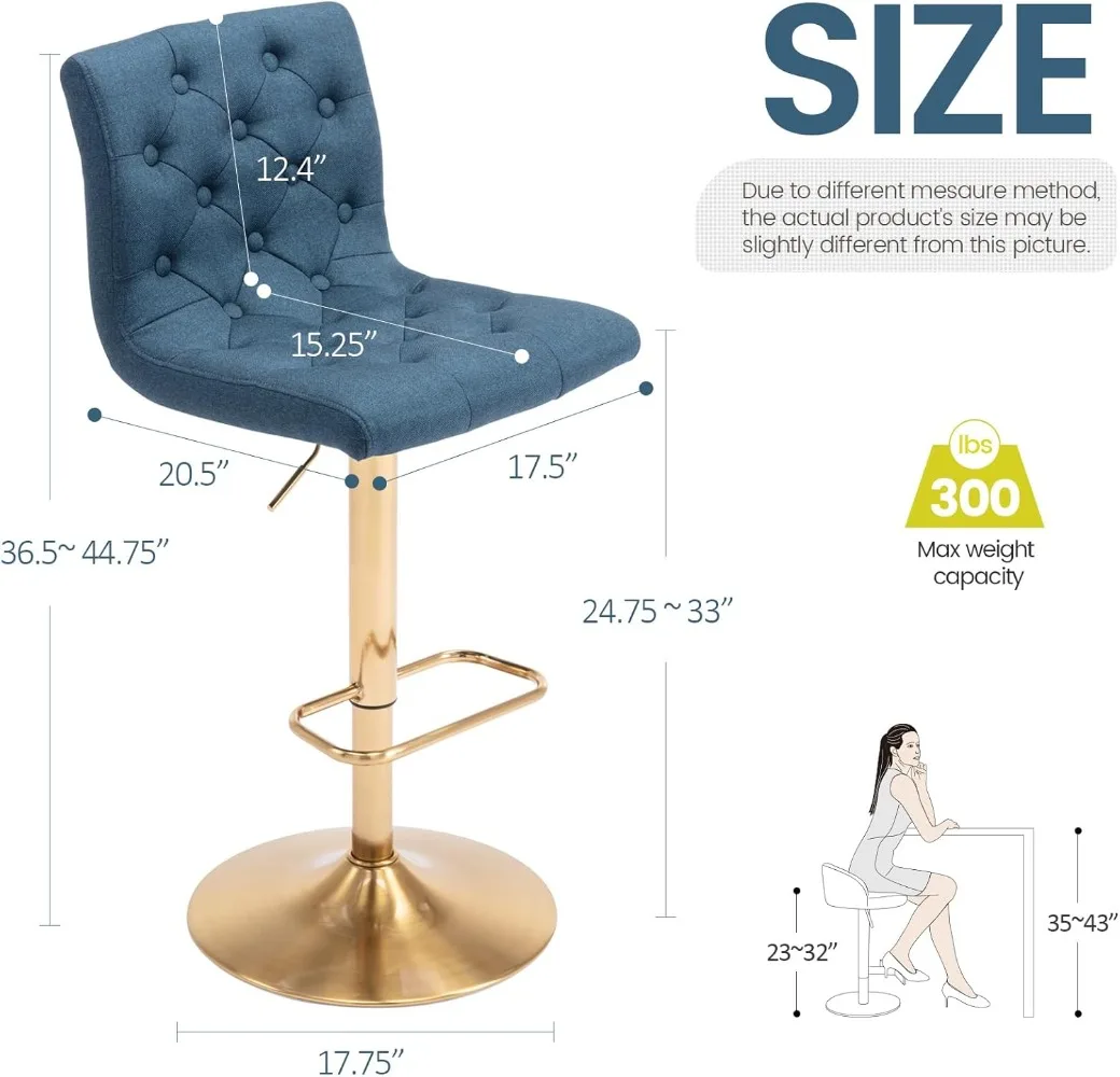 Bar Stools Set of 2, Adjustable Swivel Counter Height Barstools with Back,  Kitchen Dining Cafe (Blue, Gold Base)