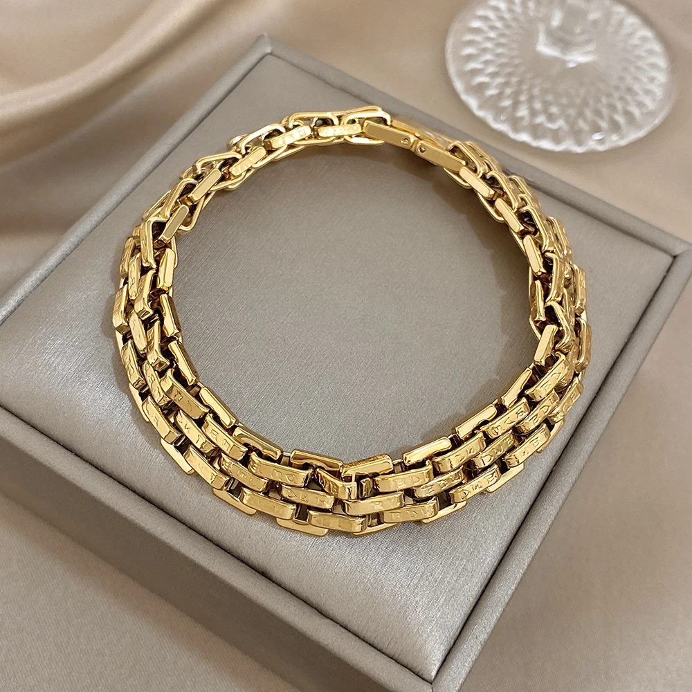 

DODOHAO Luxury Thick Square Chain Stainless Steel Bracelet for Women Glossy Waterproof Gold Plated Wide Bracelet Daily Jewelry