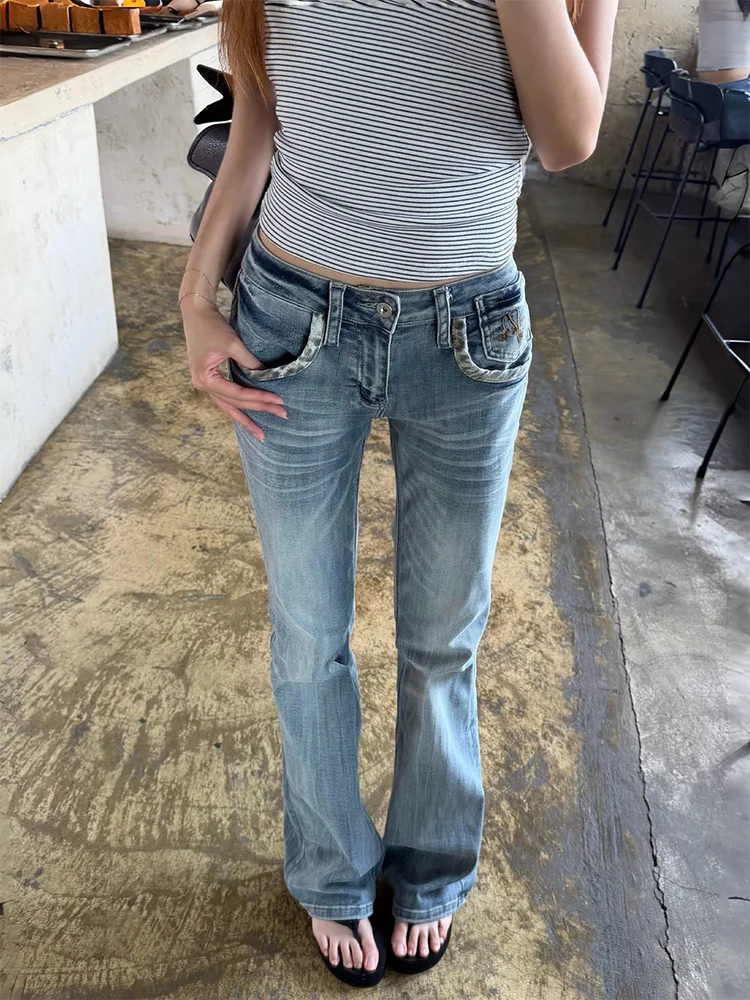 plus Size American Low Waist Leopard Print Patchwork Micro Flared Denim Pants Women's Slimming Straight Leg Jeans Design Sens...
