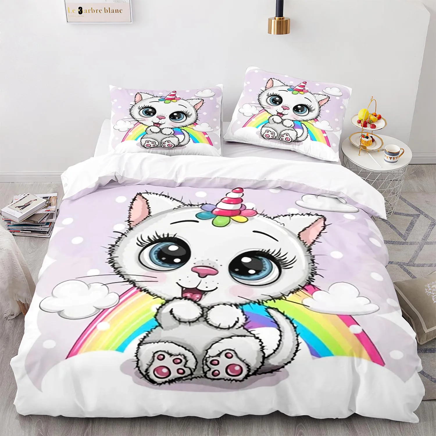 

Rainbow Cat Bedding Set Single Twin Full Queen King Size Kawaii Girl Bed Set Aldult Kid Bedroom Duvetcover Sets 3D Print 013