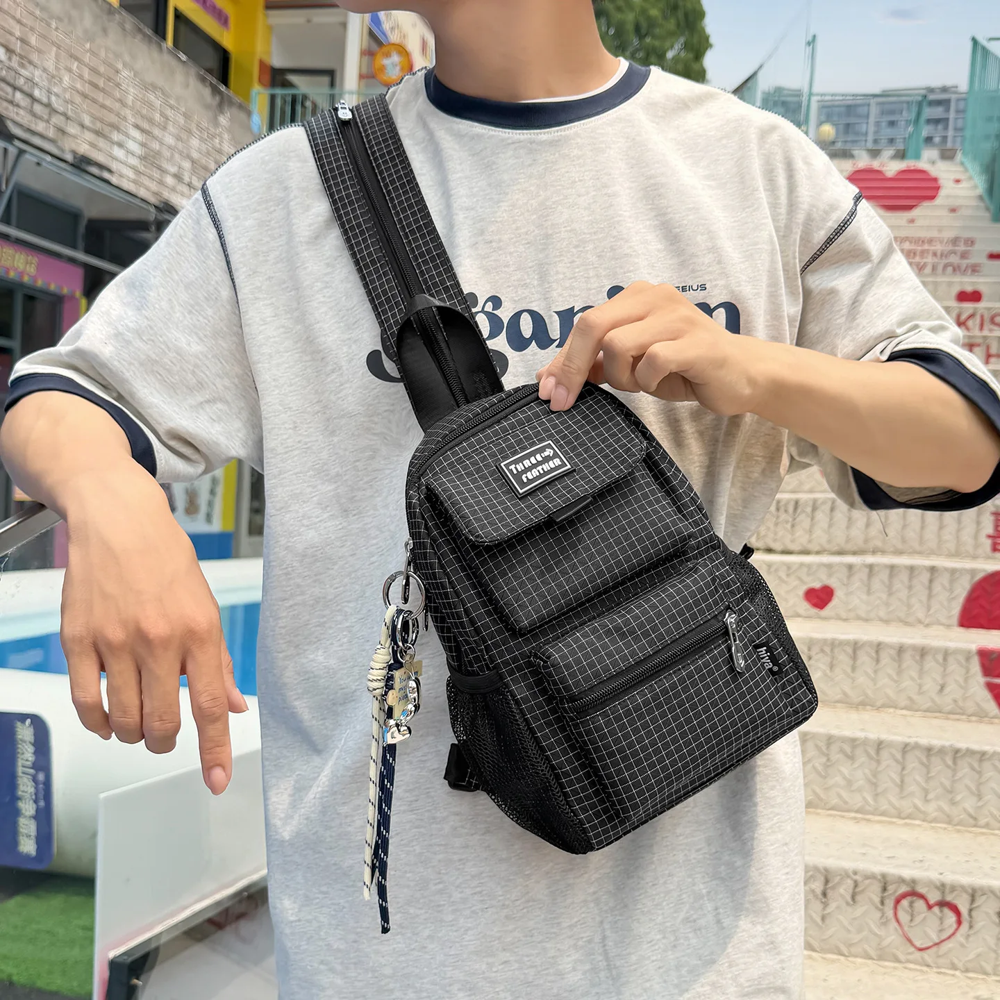Men's Lightweight Waterproof Nylon Sling Bag with Grid Pattern and Adjustable Strap Minimalist Crossbody Chest Pack for Work
