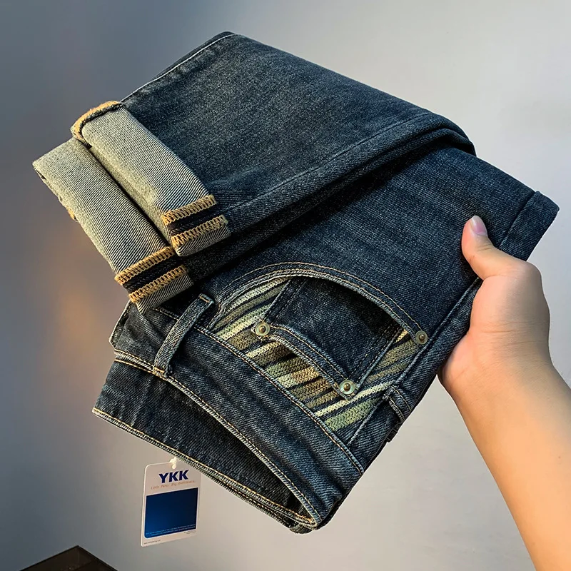 High-end jeans for men 2024 autumn new light straight-leg dark blue tapered embroidered slim fit denim trousers