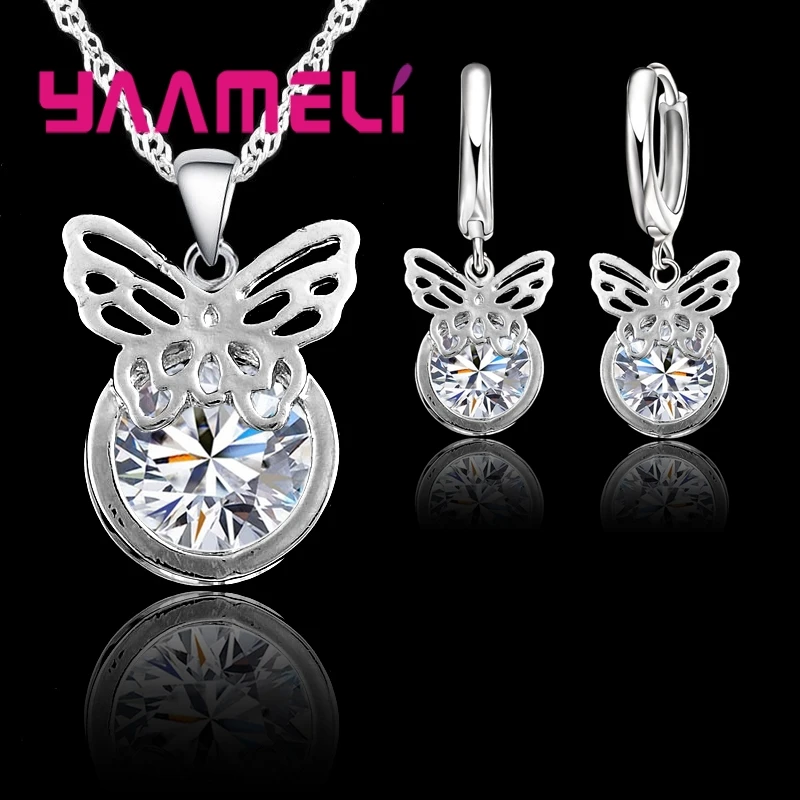 

Simple Genuine 925 Sterling Silver Butterfly Shape Pendant Necklace Earrings Sets For Party Austrian Crystal Engagement Jewelry