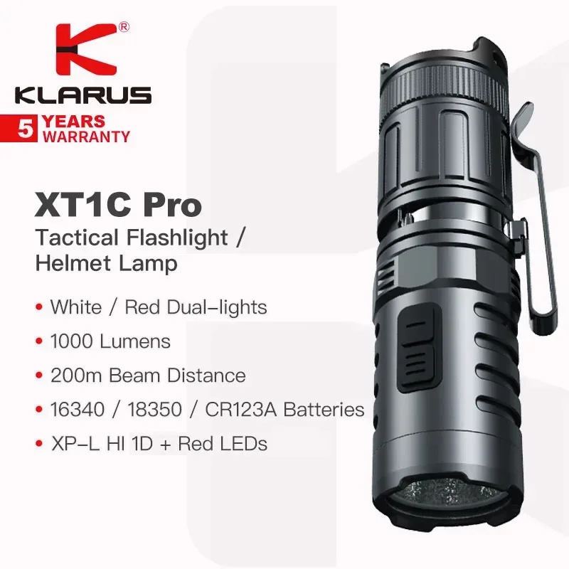 Тактический фонарик Klarus XT1C pro, лампа для шлема, белый, красный, двойной светильник, оранжевый отражатель, 1000 люмен, совместимый