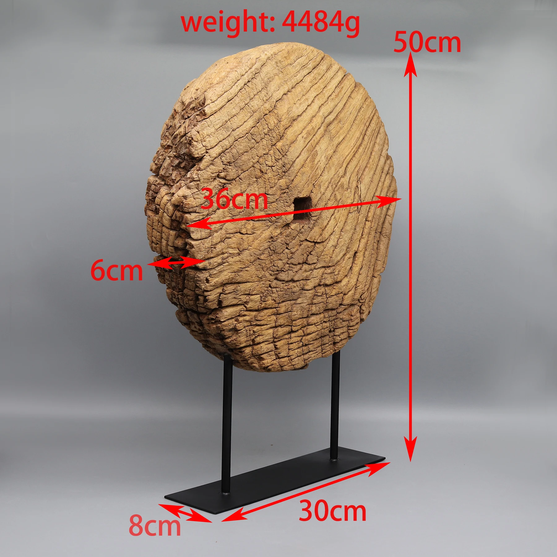 Old Wooden Wheel on Metal Base, Table Accessory, Home Decoration