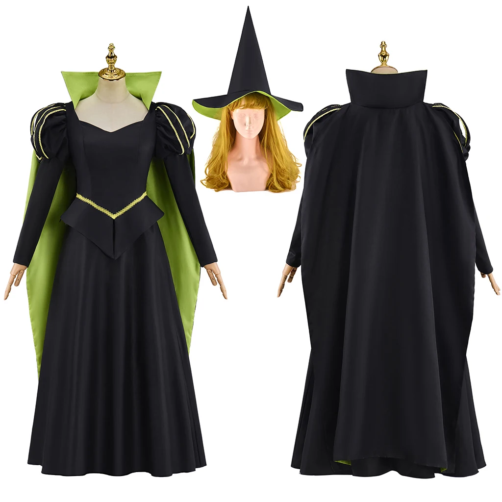 

Wicked Witch of the West Cosplay Costume Black Dress Hat With Green Cloak Full Set Halloween Party Women Outfits