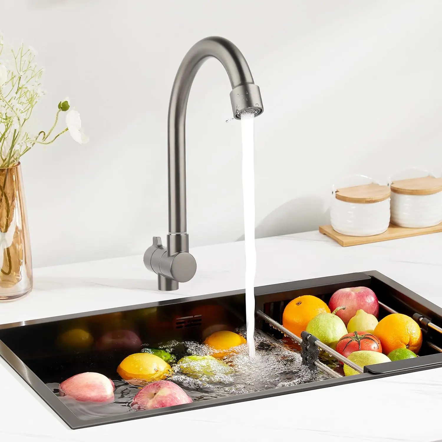 360 Rotation Single Handle Folding Faucet, Camping Cold Water Tap Stainless Steel Kitchen Basin Faucets, for Home Boat Yacht RV