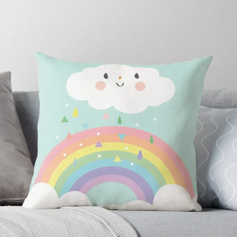 Rainbow Happy Little Cloud Pastel Rain and Sunshine Baby Nursery Art Print Canvas Design Throw Pillow Pillow Cover Pillow