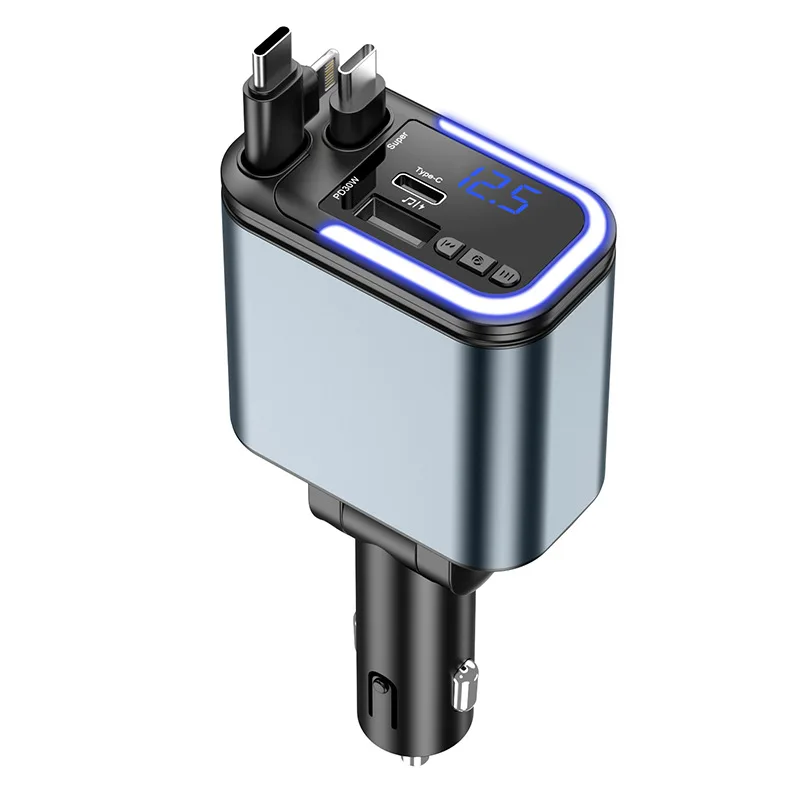 Bluetooth 5.0 FM Transmitter 180W Retractable Car Charger 5 IN 1 Fast Phone Charger Handsfree Call U-disk Aux with LED Light