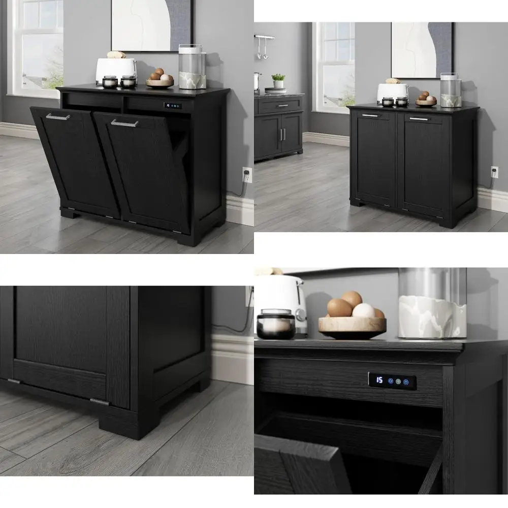 

Wooden Kitchen Trash Cabinet with Double Tilt-Out Door, Free Standing Garbage Can Holder, Black Finish, Space-Saving Design