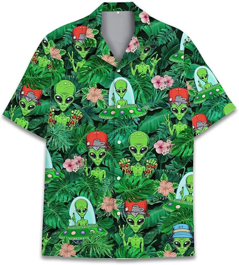 

Alien UFO Neon Colors Print Men Shirt Hip Hop Personality Short Sleeve Hawaiian Shirts Summer Leisure Y2K Trend Unisex Blouse