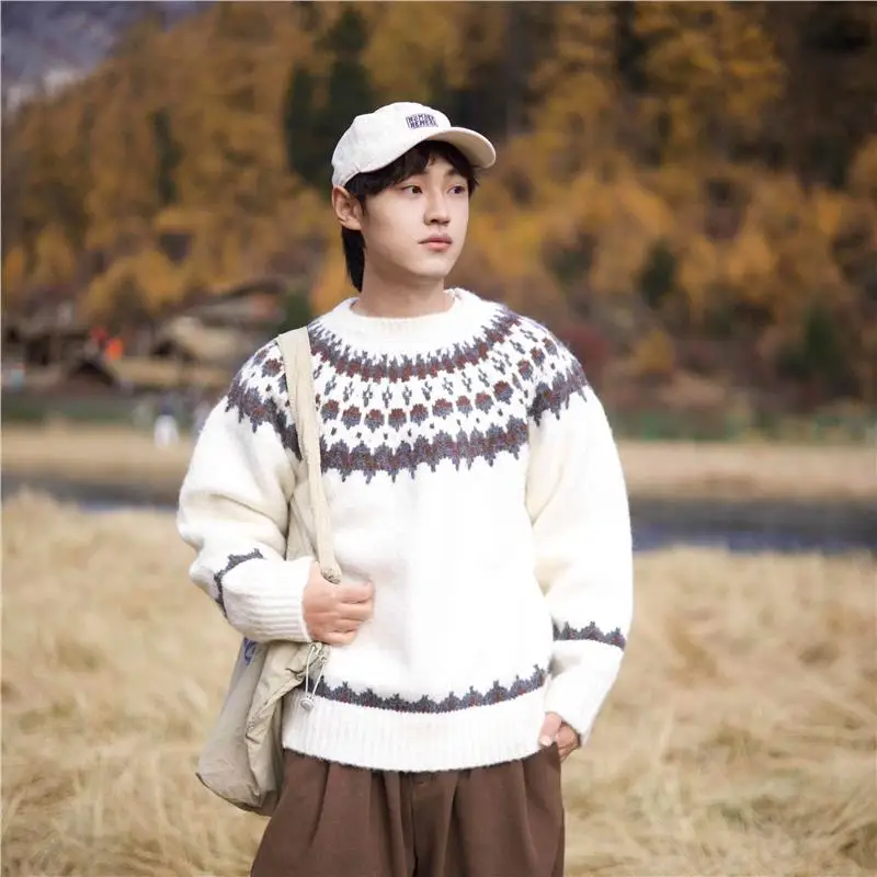 

Ретро-свитер с узором Fair Isle, круглый вырез, парный (для мужчин и женщин), американский дизайн, осенне-зимний, в стиле Lazy Fashion, вязаный джемпер