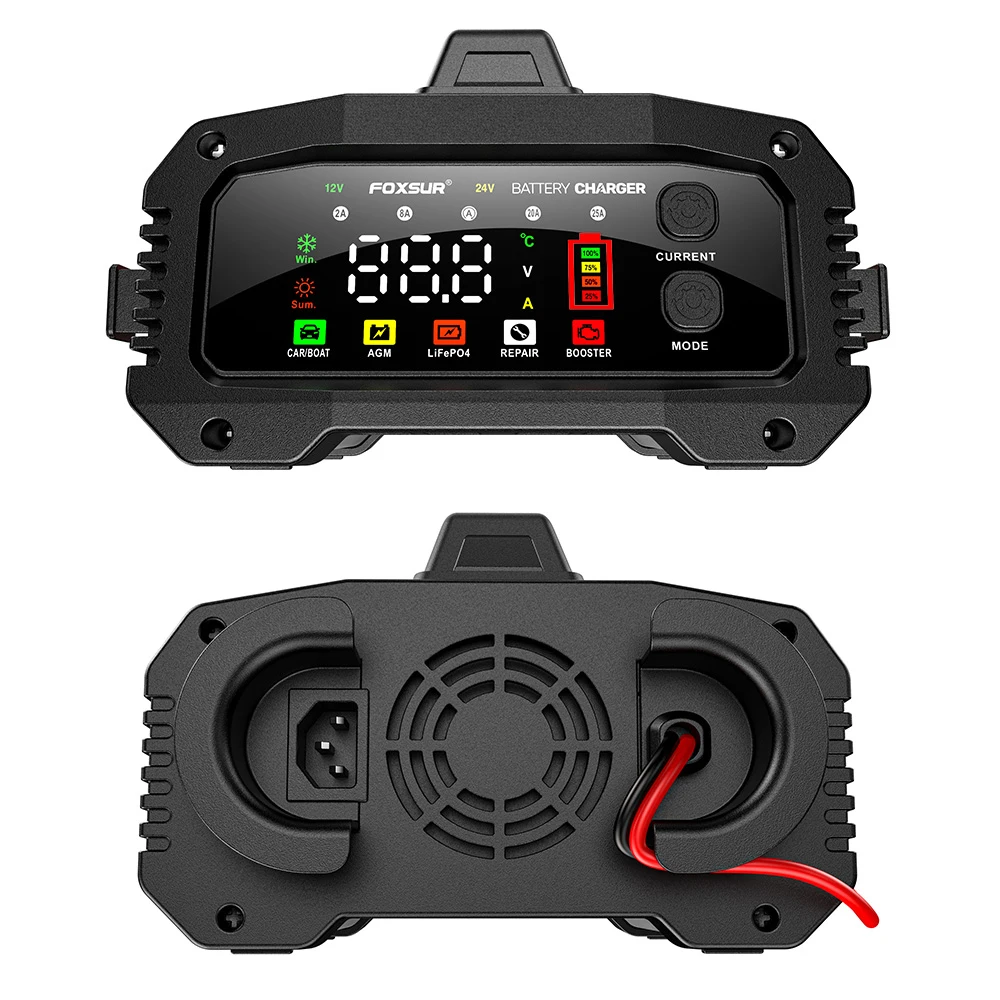 FOXSUR 12V24V 25A Car Battery Charger Automatic Smart Charger Led Display AGM GEL Lead Acid Pulse Repair with booster function