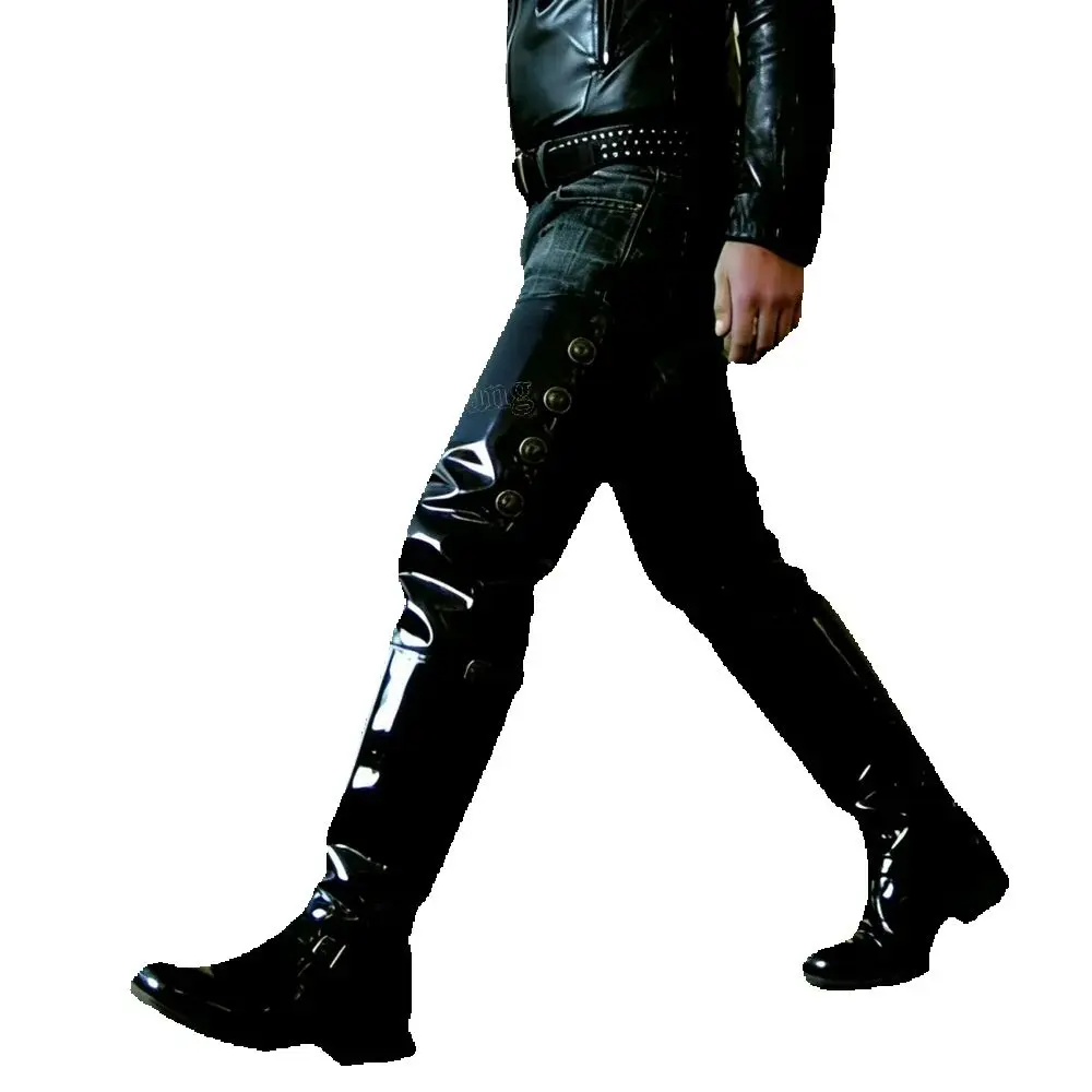 Schwarze Lacklederstiefel für Herren mit Seitenschnalle, Overknee-Höhe, Weicher Runder Zehenkappe, Ritterschuhe für Männer, Zapatos Para Hombres