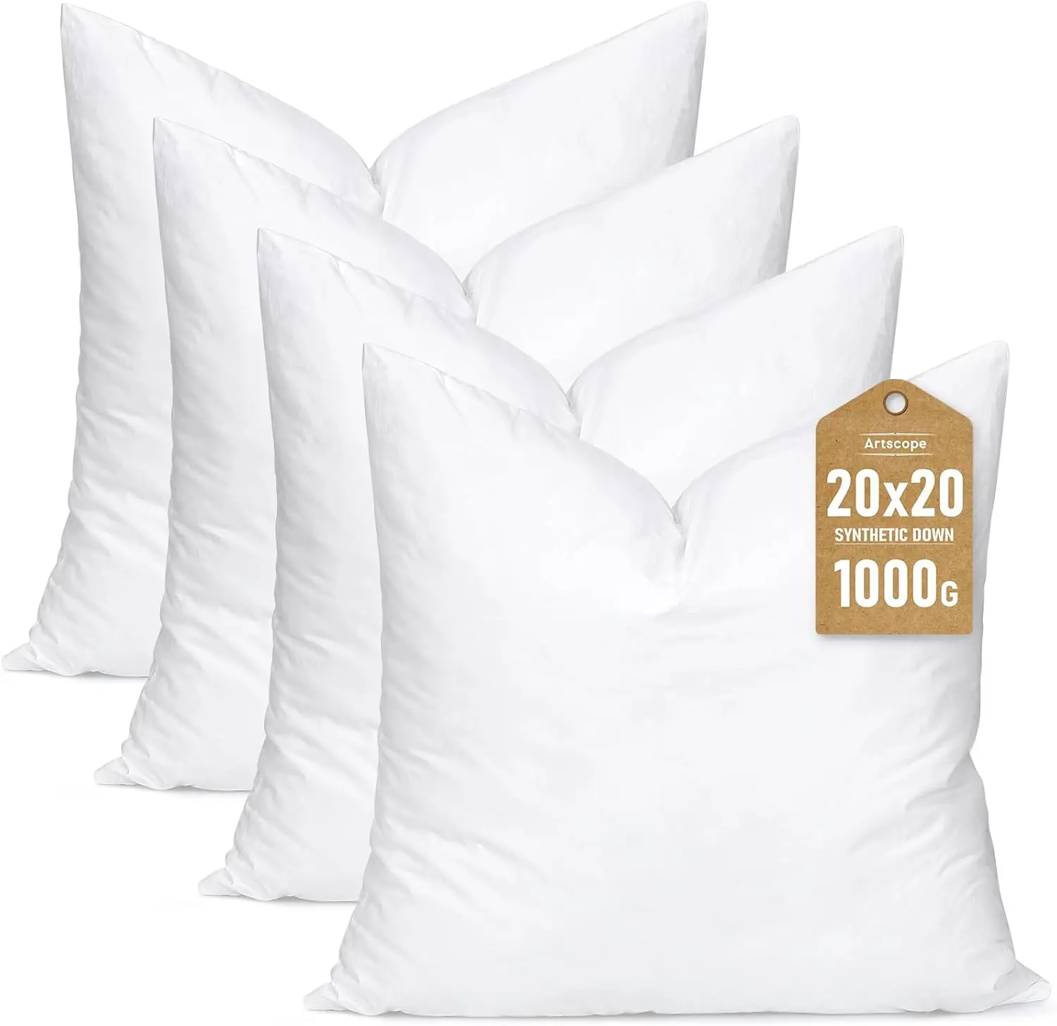 

Ultra Soft Fluffy Synthetic Down Pillow Insert, 20x20 Inch, Set of 4 with Cotton Cover - White