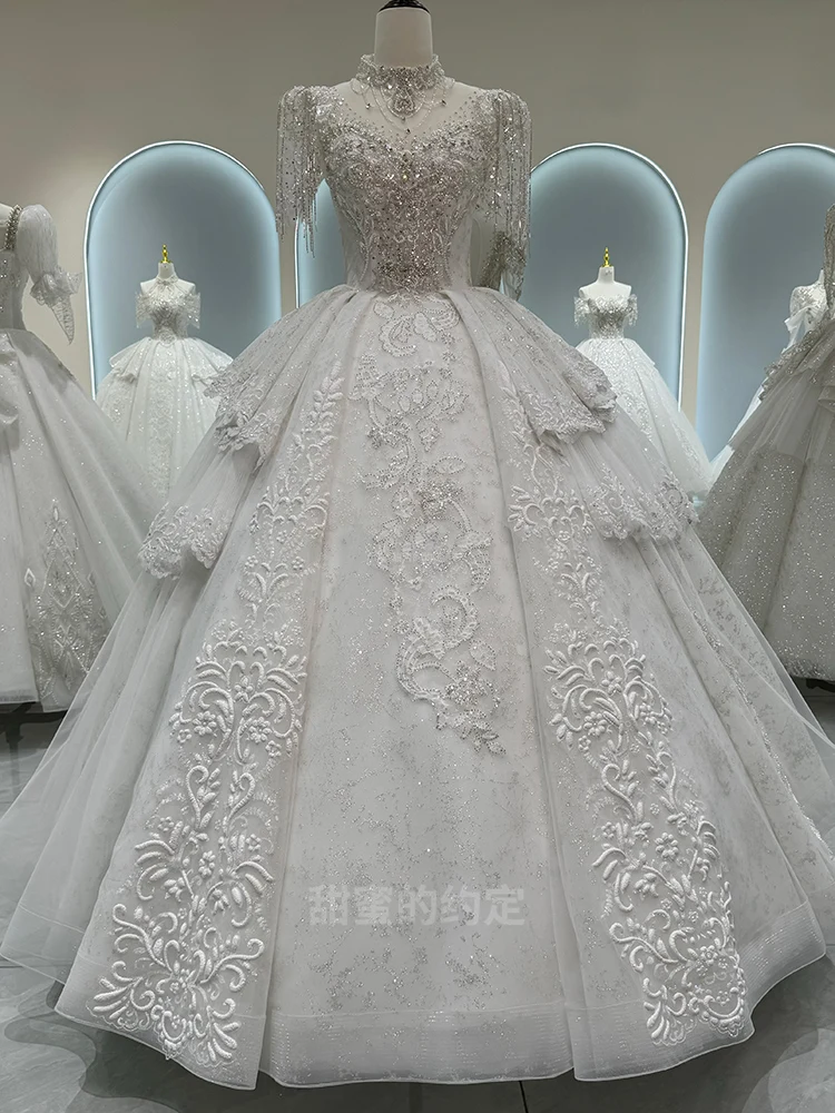 Abiti da sposa di lusso a maniche corte Applicazioni di paillettes Perline fatte a mano Abiti da ballo principessa estivi Vestido De Novia personalizzati