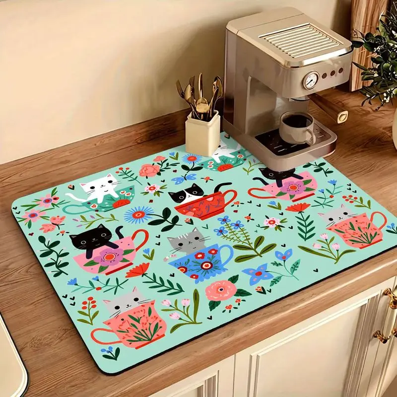 VIKAMA Cute Kitten Teacup Floral Drip Mat, Cartoon Kitten and Flower Print Absorbent Coffee Maker Mat, Kitchen Table Decoration