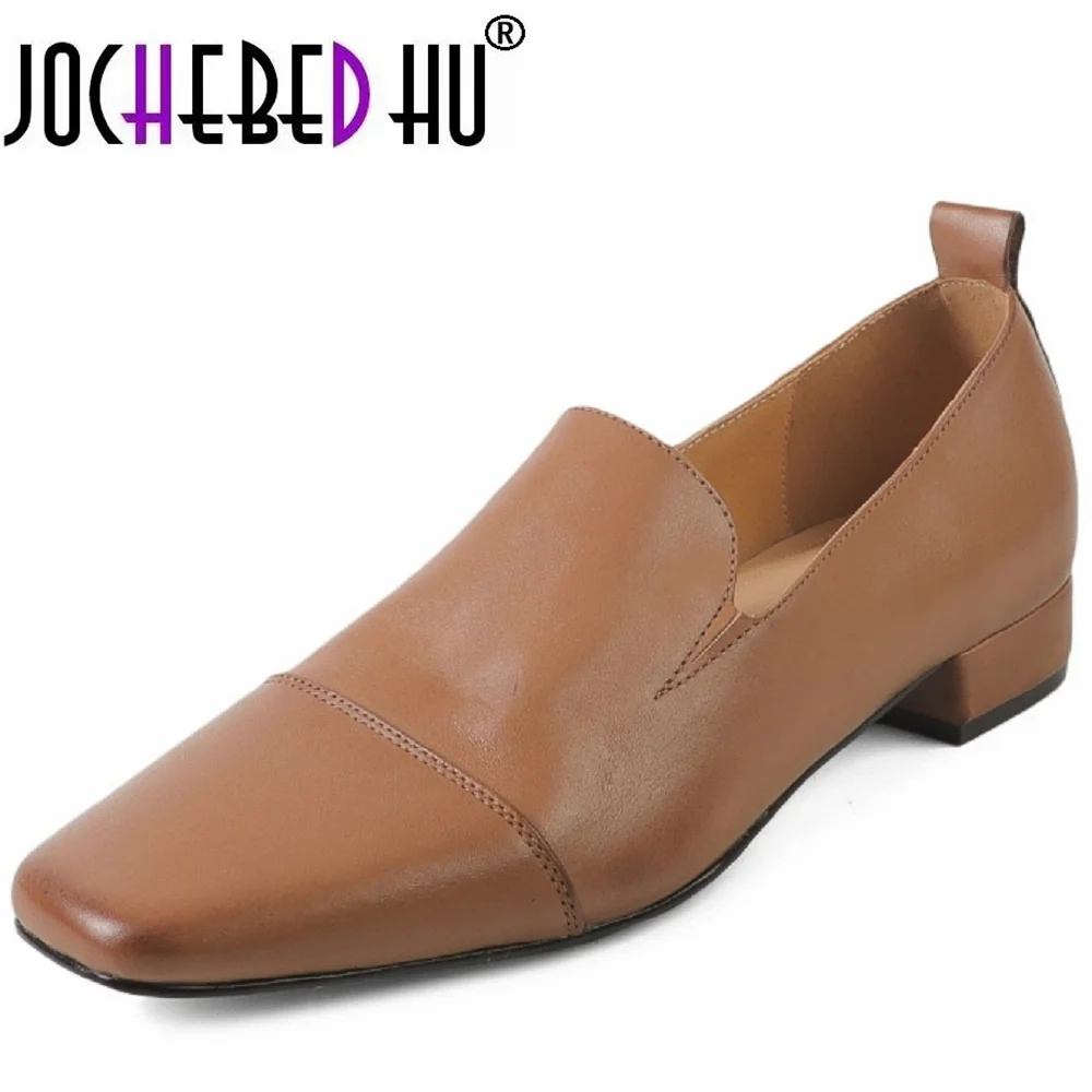 

【JOCHEBED HU】Women's Handmade Genuine Leather Soft and comfortable Shoes Chunky Mid Heel Large Retro Single Shoes 34-40