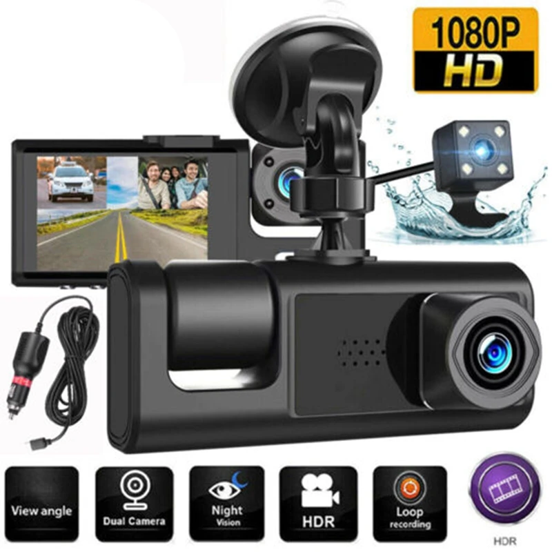 Dashcam Camcorder Inside Vehicle Dash Camthree Way Camera Car DVR HD 1080P 3-Lens