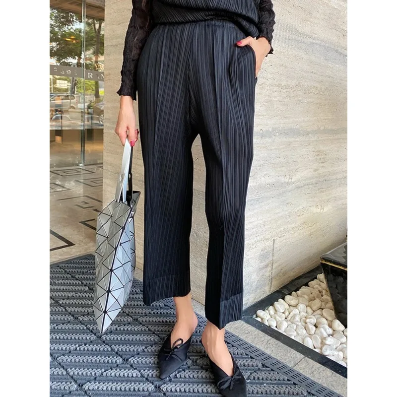 Miyake Set Women\'s Pants Two Piece Set 2023 Autumn/Winter New Loose Casual Set Lace Fashion Long Skirt Top Pencil Pants