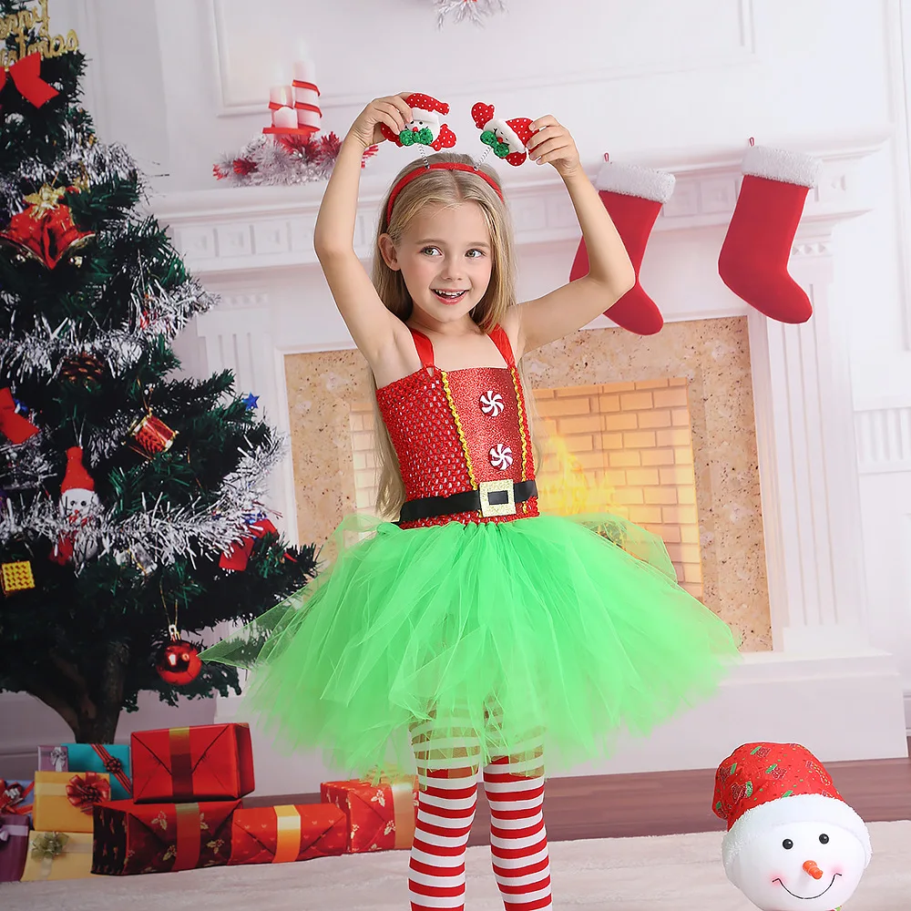 Girls Fancy Christmas Elf Costume Baby Birthday Party Stage Performance Costume Red Green Mesh Tutu Dress Kids Cosplay Costumes
