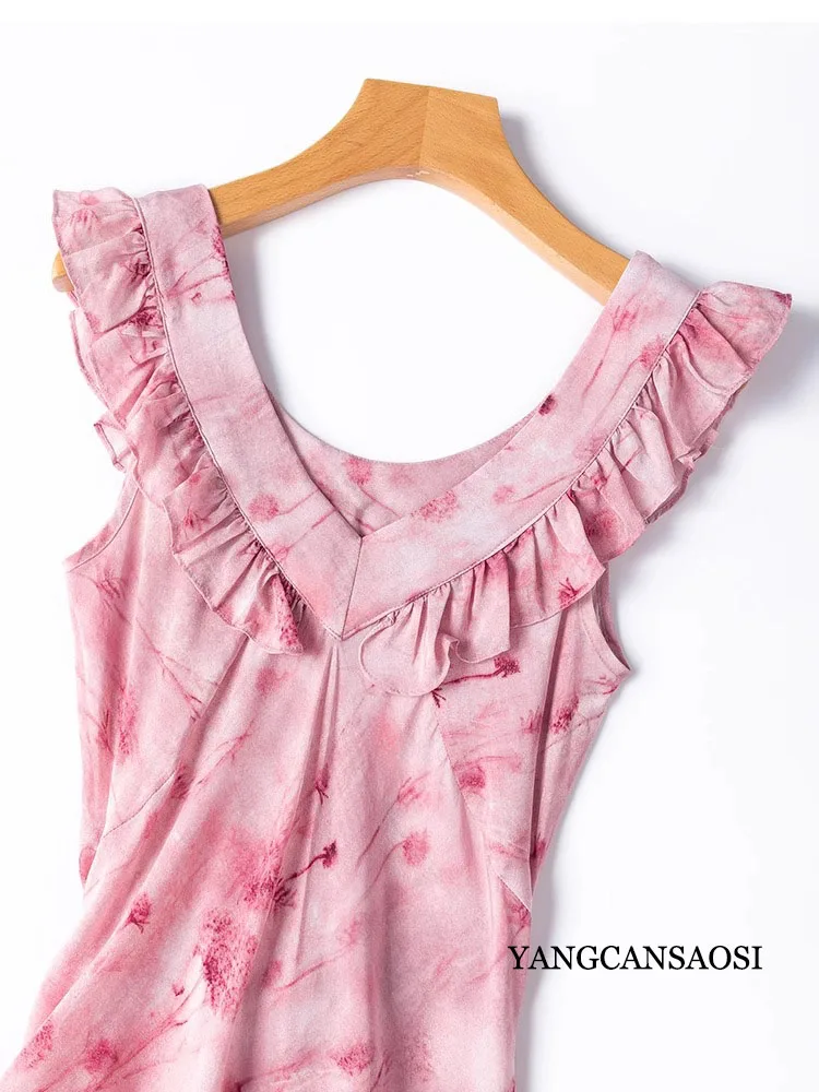 1.4 미터 길이 100% 천연 뽕나무 실크 크레페 드 신 오블리크 컷 민소매 휴가 스타일 여성 캐주얼 프린트 드레스