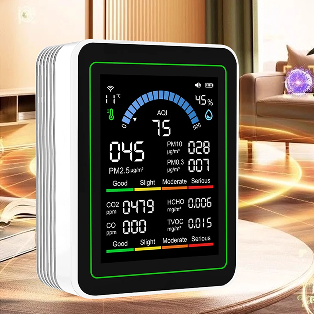 10-in-1 Smart Air Quality Monitor CO2 CO Tester TVOC HCHO PM Formaldehyde Detector Temperature Humidity Meter with WiFi /No WiFi