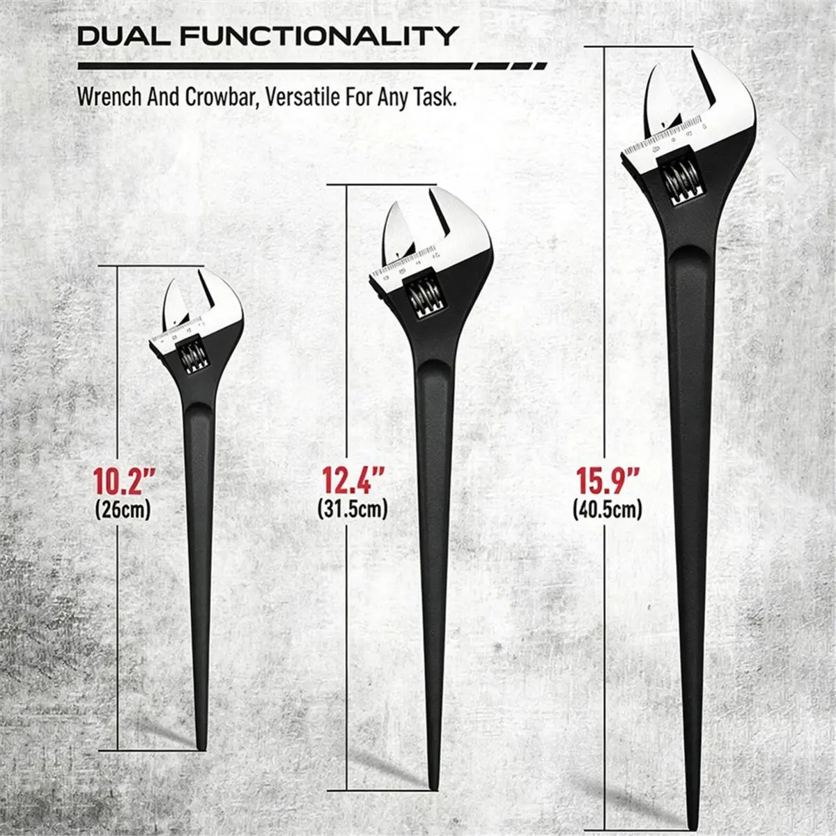 3-Piece Adjustable Spud Wrench Set, 10-Inch, 12-Inch, 16-Inch, SAE and Metric Scale Marked, -V Steel with Black