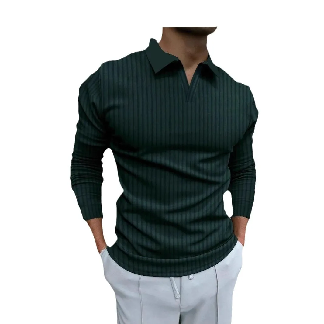 

Men's Autumn Fitness Casual Collar Long Sleeve Striped V-Neck Polo Shirt