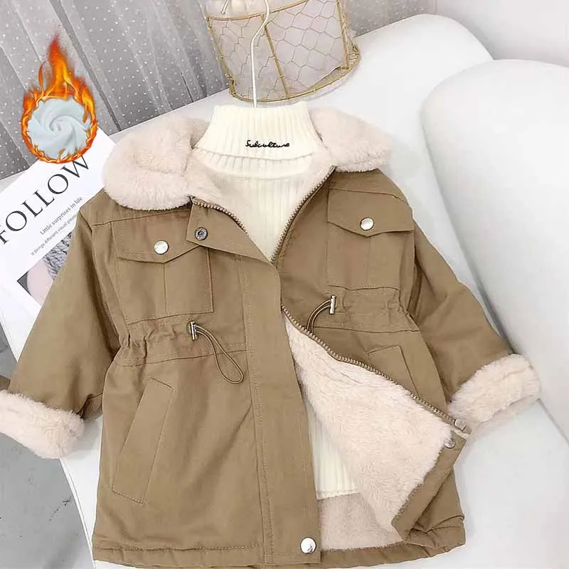 

Winter Girls' Mid-length Parka Slim Cotton Jacket 2025 New Velvet Thick Cotton-padded Coats Children's Girls Lapel Outerwear